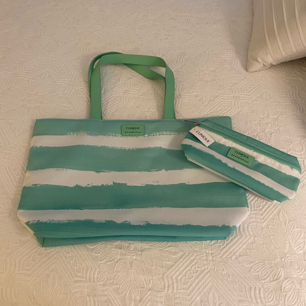 Clinique x Drawbertson Mint Green and White Tote and  cosmetic bag